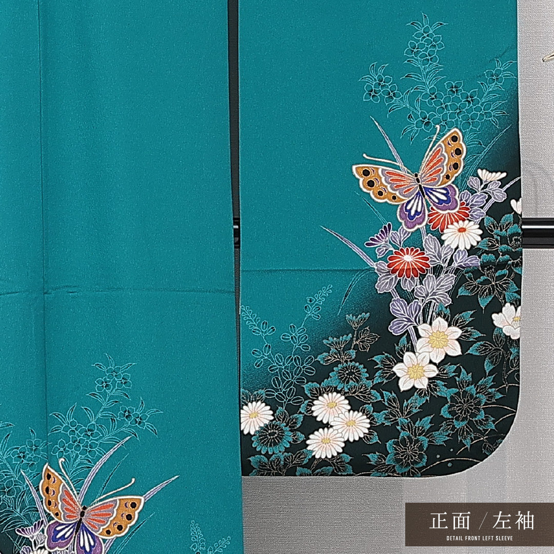 振袖 袷 身丈169cm 裄丈65cm フォーマル Aランク XLサイズ ポリエステル 洗える着物 広衿 蝶 菊 1213-F0717