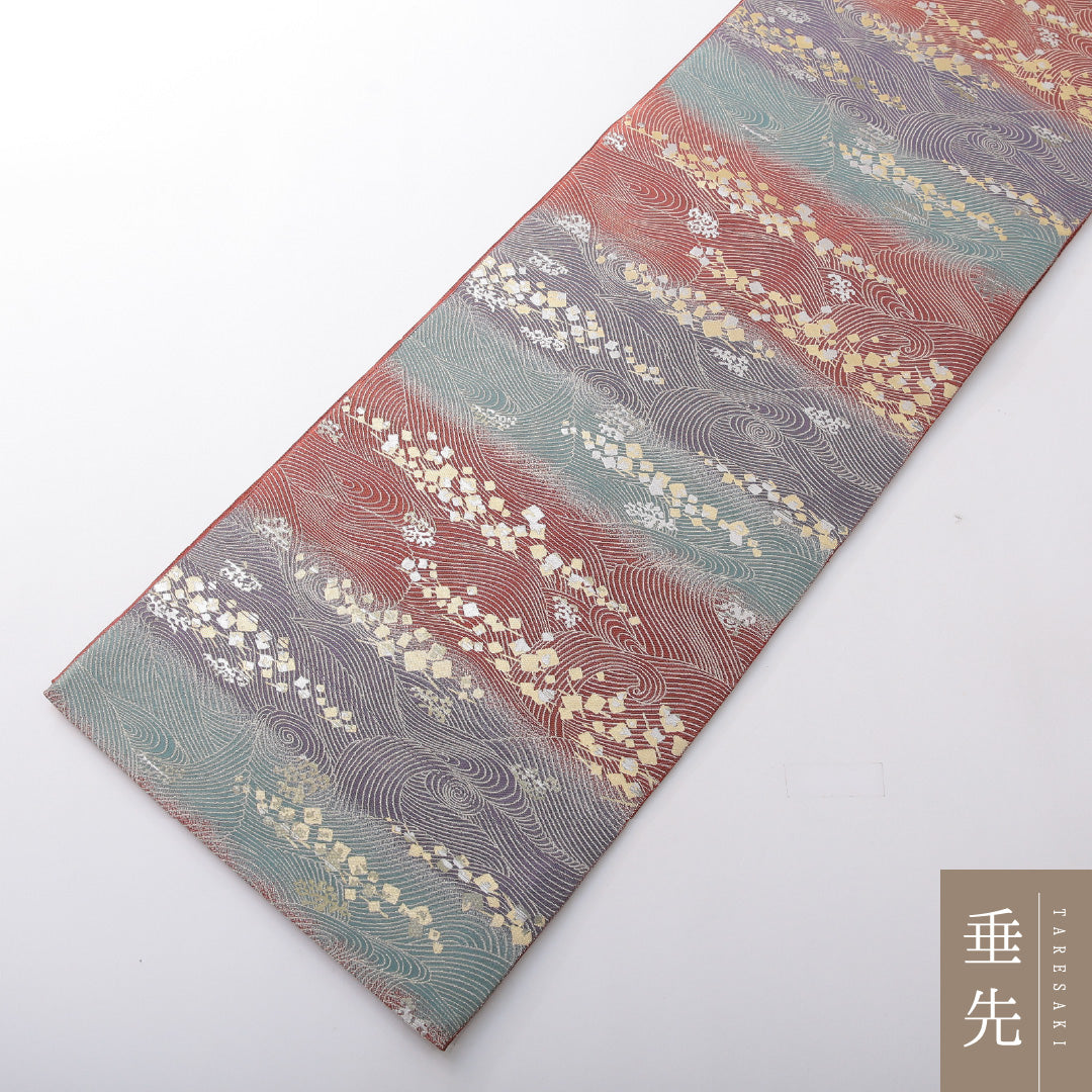 袋帯 帯丈440cm 正絹 六通 セミフォーマル 荒磯 砂子 朱系 1243-02091