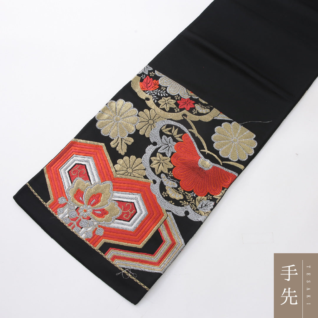 袋帯 帯丈414cm フォーマル 六通 未仕立て 帯芯なし Aランク 正絹 毘沙門亀甲 菊 黒系 1223-02229