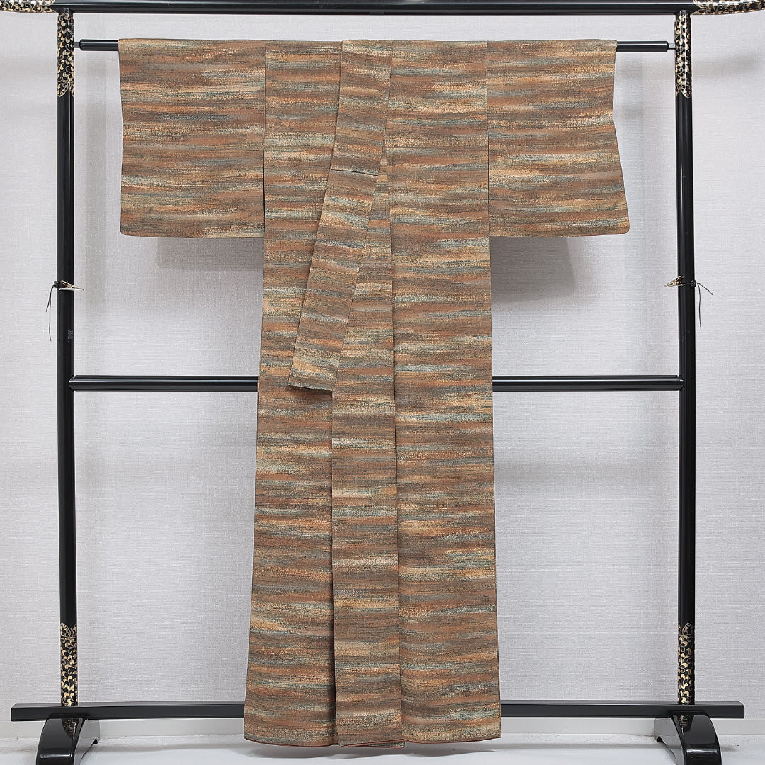 洗える着物 小紋 袷 身丈159cm 裄丈63cm ポリエステル Sランク インフォーマル 広衿 Mサイズ 抽象柄 茶系 RP 1221-16319