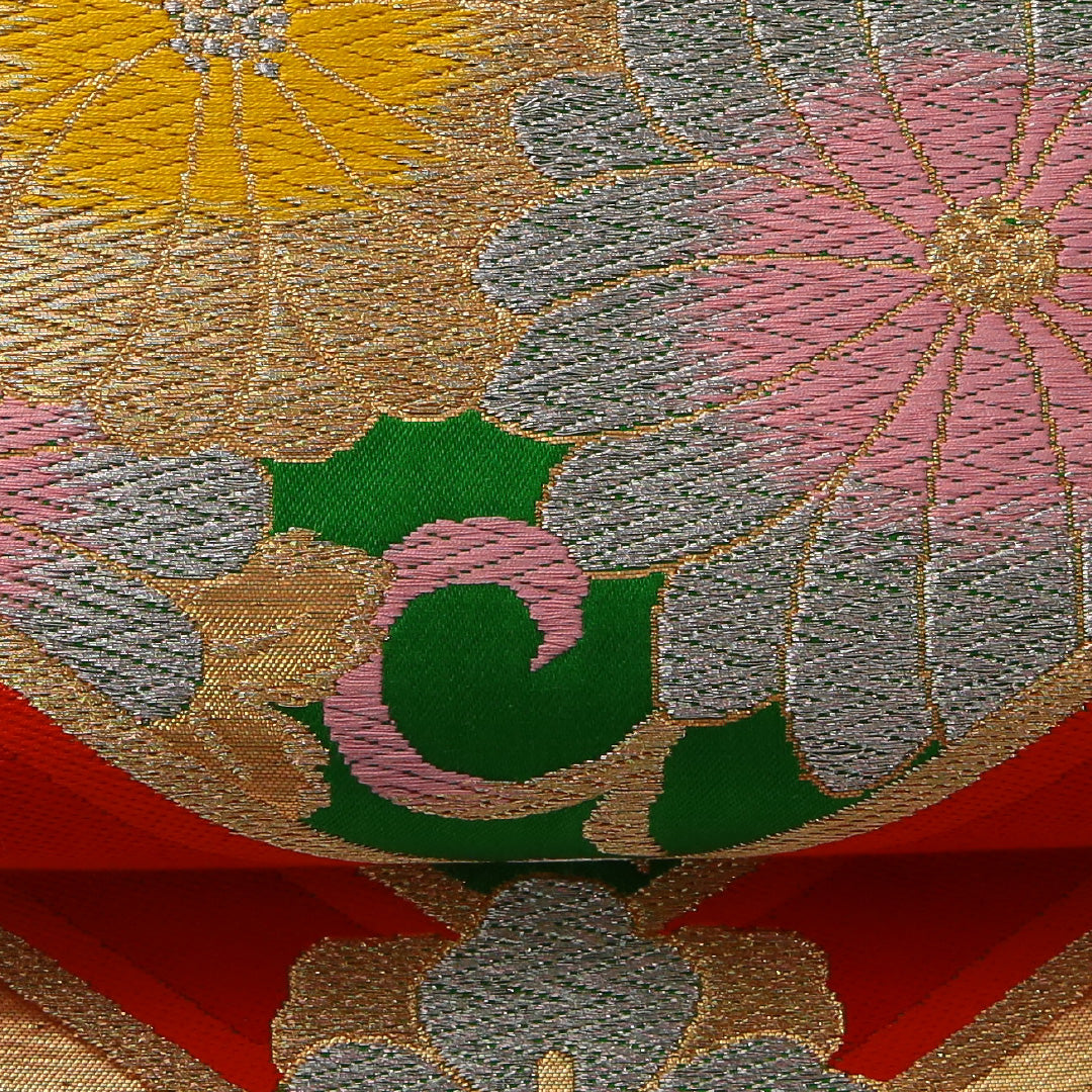 袋帯 帯丈408cm フォーマル 六通 Sランク 正絹 鶴 菊 緑系 金系 1223-01893