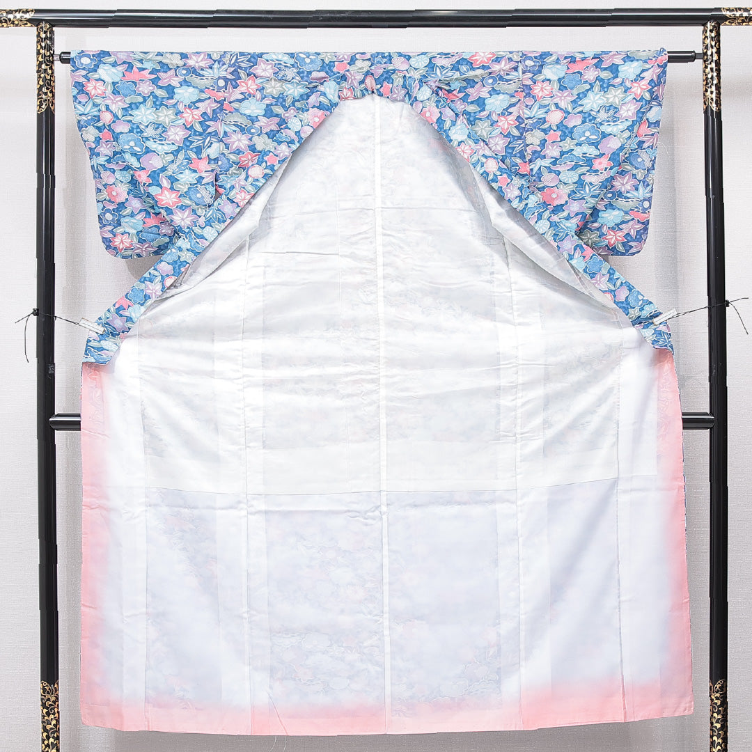 小紋 洗える着物 袷 身丈153cm 裄丈62cm ポリエステル Cランク Sサイズ バチ衿 インフォーマル 花柄 水色系 1215-15726