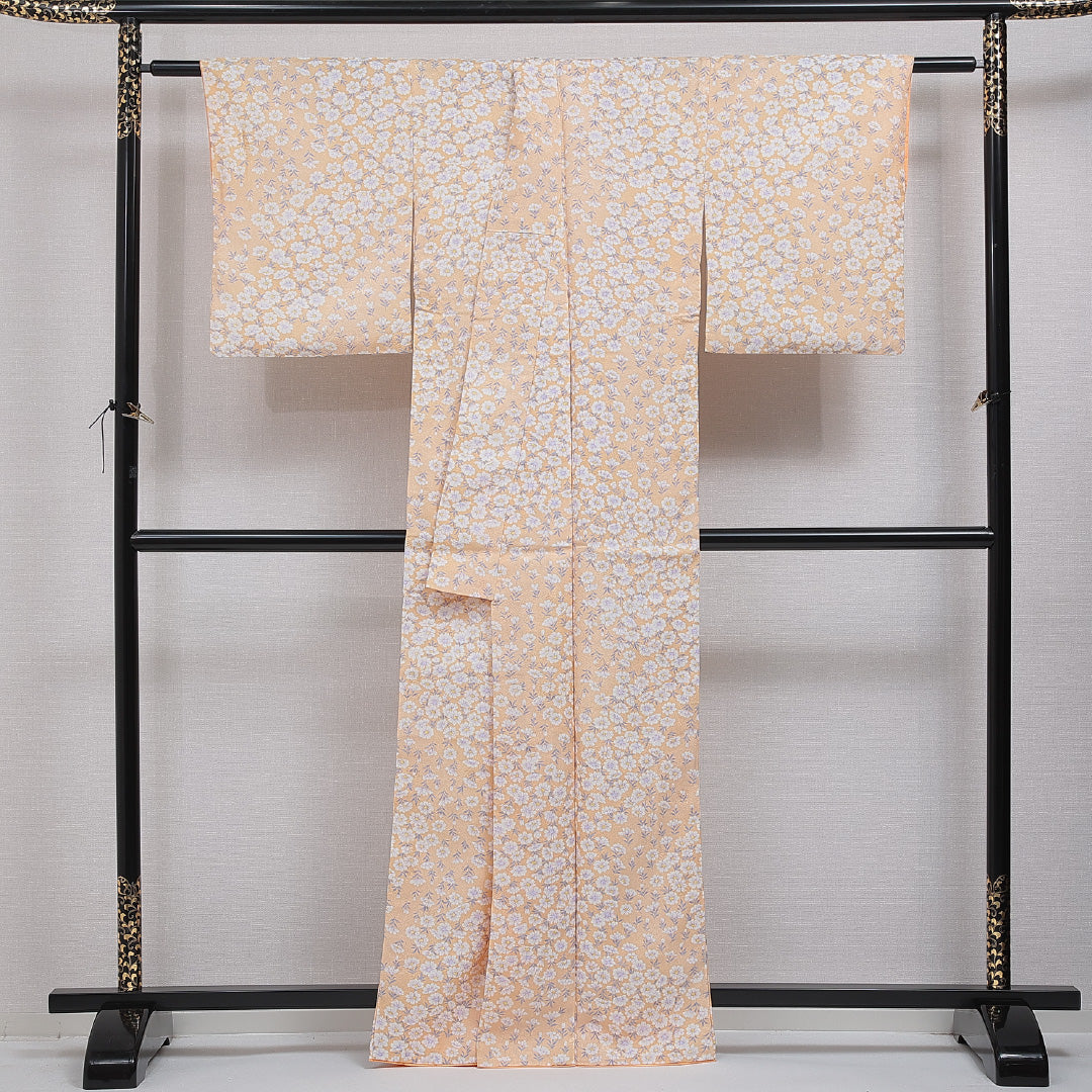 小紋 洗える着物 袷 身丈163cm 裄丈65cm ポリエステル Dランク Lサイズ 広衿 インフォーマル 撫子 クリーム系 朱系 1215-16353