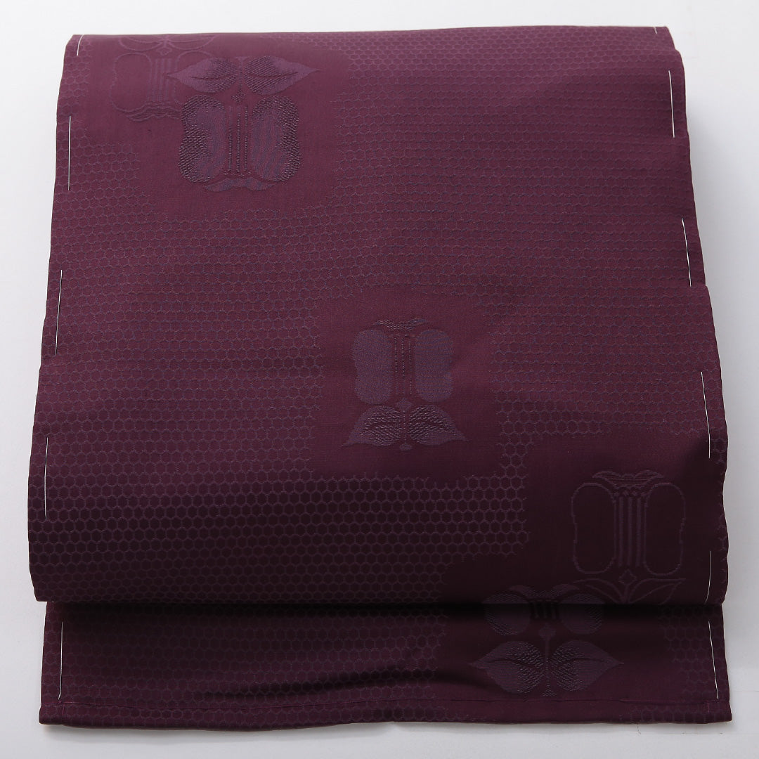 アンティーク 九寸名古屋帯 帯丈289cm カジュアル 名古屋仕立て 全通 Aランク 正絹 染め帯 椿 紫系 1224-03683