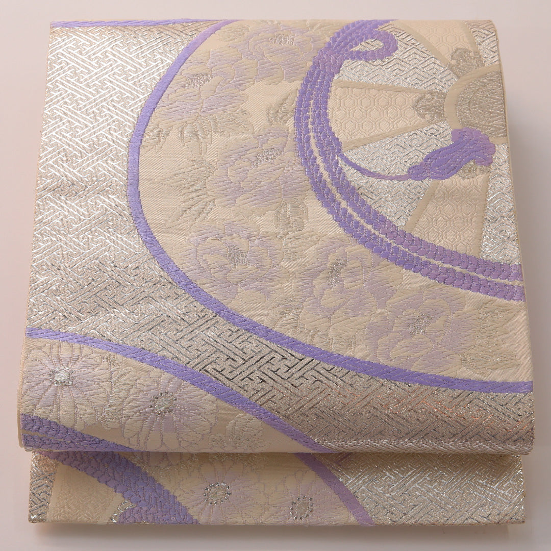 袋帯 帯丈428cm フォーマル 六通 Cランク 正絹 組紐 紗綾型 白系 銀系 1223-01901