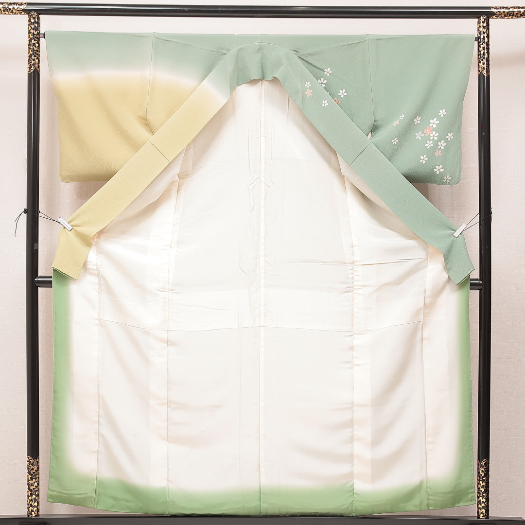 訪問着 袷 身丈159cm 裄丈65cm 正絹 Aランク Mサイズ 広衿 セミフォーマル 鶴 桜 緑系 1212-16892