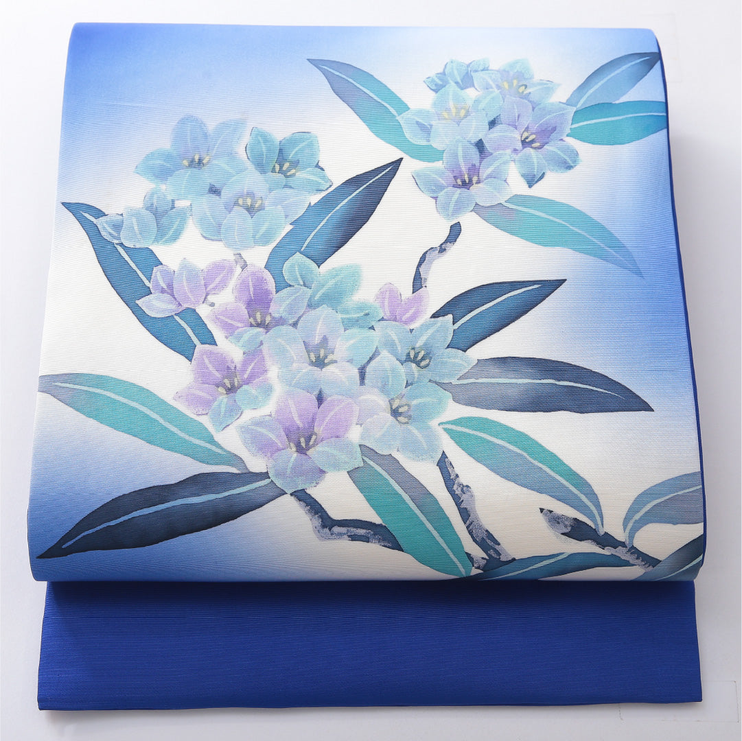 九寸名古屋帯 帯丈380cm カジュアル 開き仕立て ポイント柄 Bランク 正絹 染め帯 塩瀬 花柄 青系 1224-03914