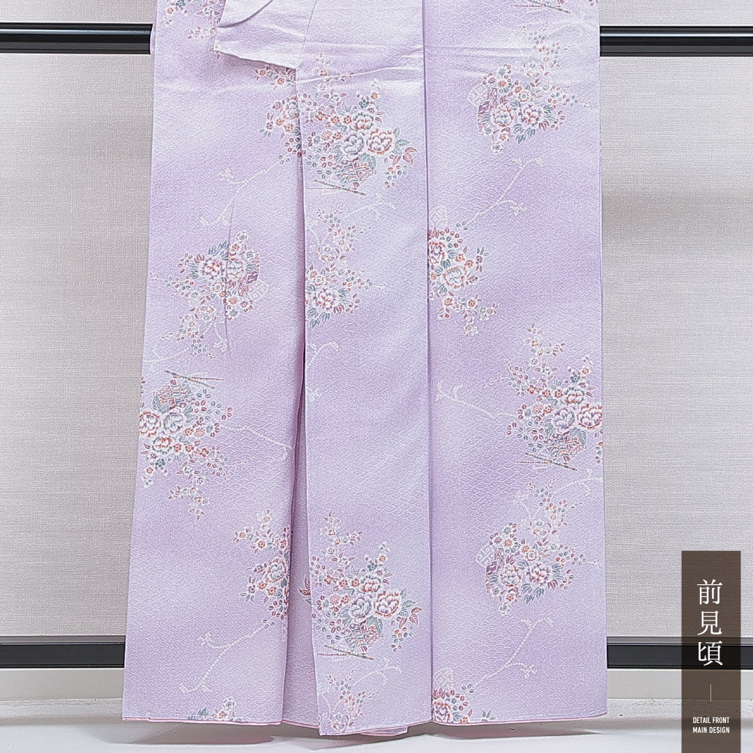 洗える着物 小紋 袷 身丈159cm 裄丈64cm ポリエステル Sランク インフォーマル 広衿 Mサイズ 牡丹 吉祥文様 紫系 RP 1221-15982