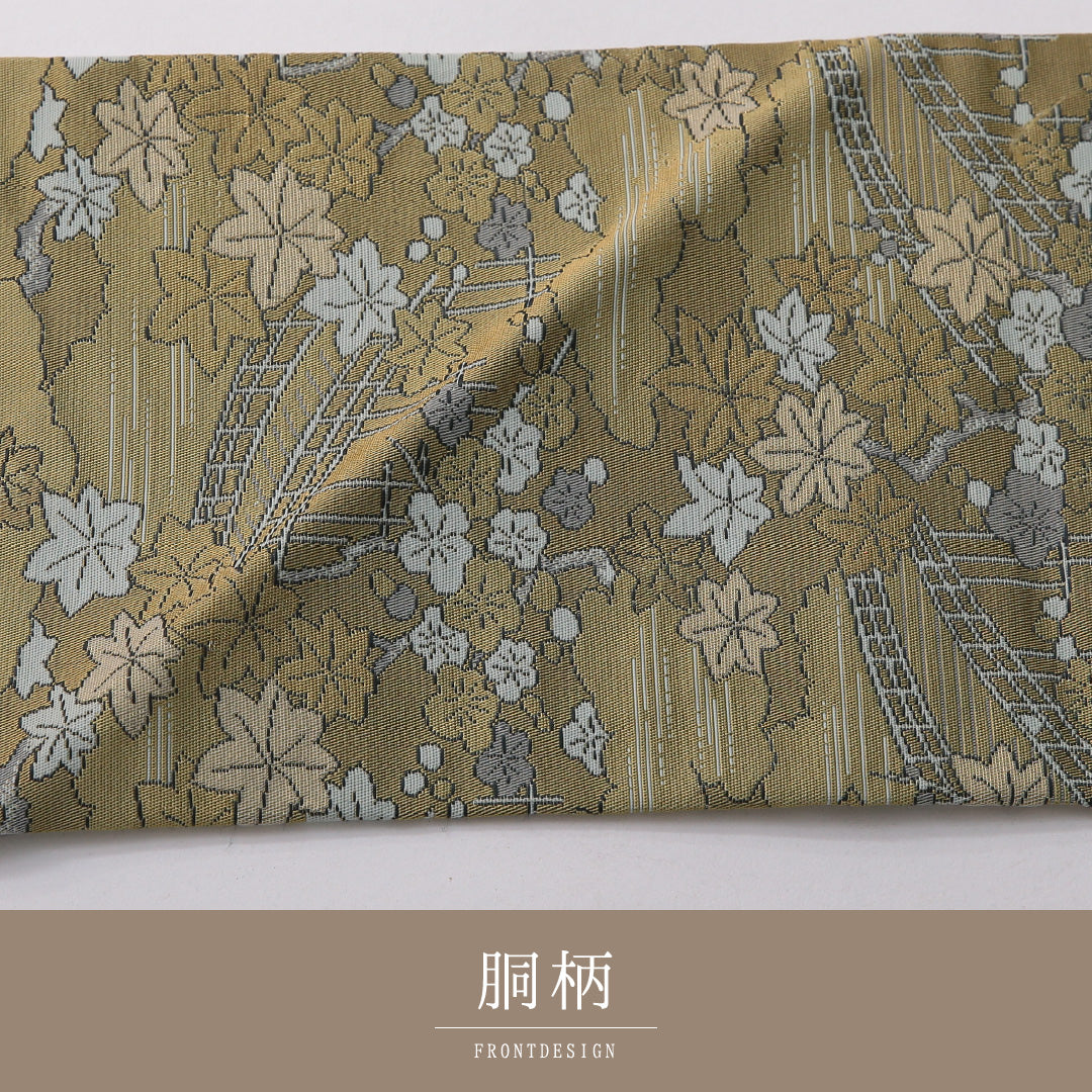 九寸名古屋帯 帯丈342cm セミフォーマル 名古屋仕立て 六通 Aランク 正絹 橋 紅葉 緑系 1224-03500