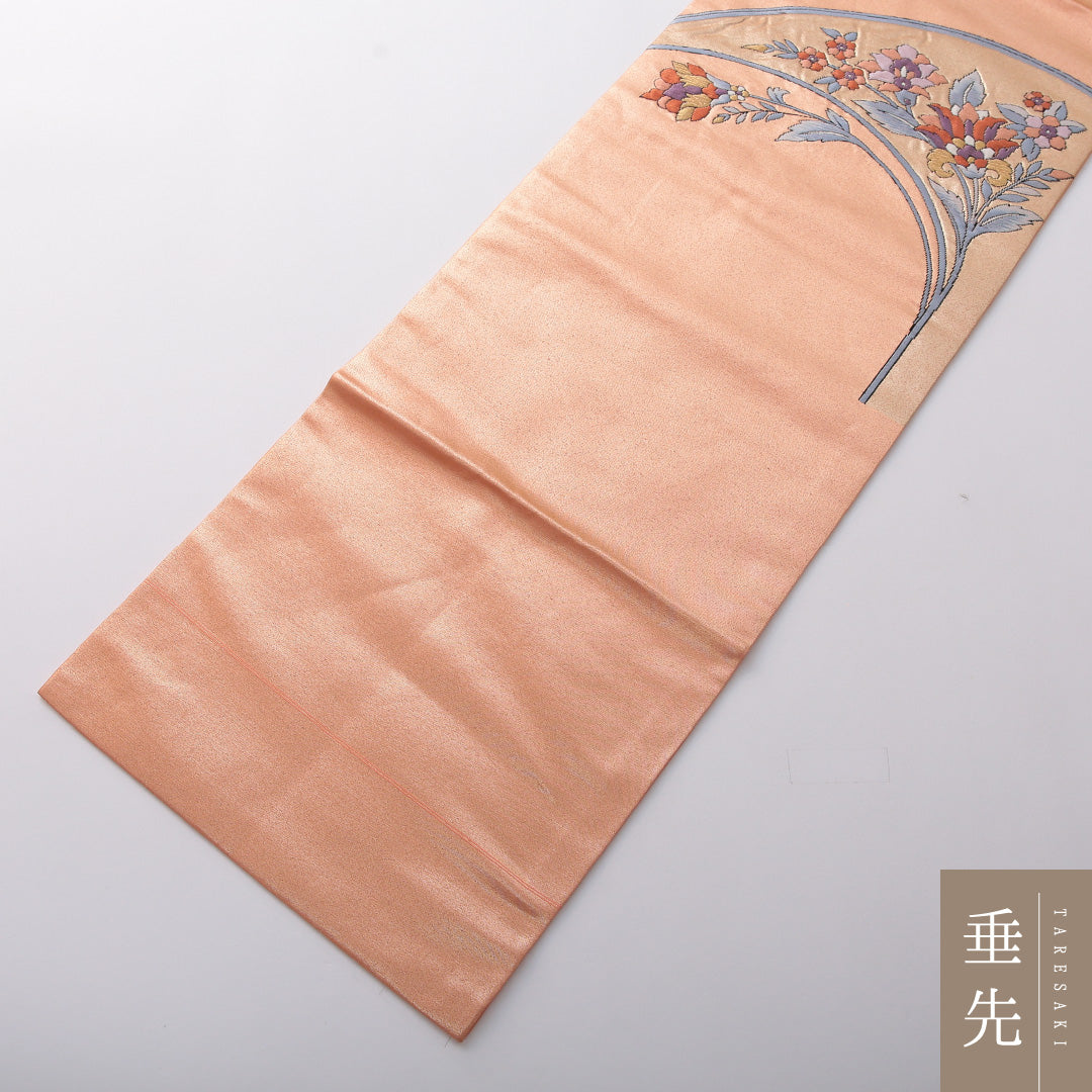 新古品 九寸名古屋帯 帯丈349cm セミフォーマル 名古屋仕立て ポイント柄 Nランク 正絹 流水 花柄 しつけ糸 朱系 金系 1224-03461