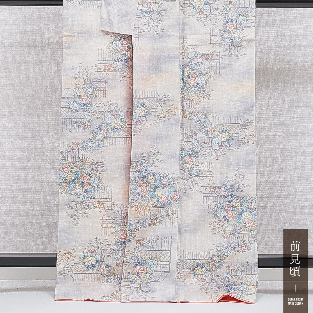 紬 袷 身丈164cm 裄丈66cm 正絹 Aランク Lサイズ 広衿 カジュアル 牡丹 クリーム系 1216-16662