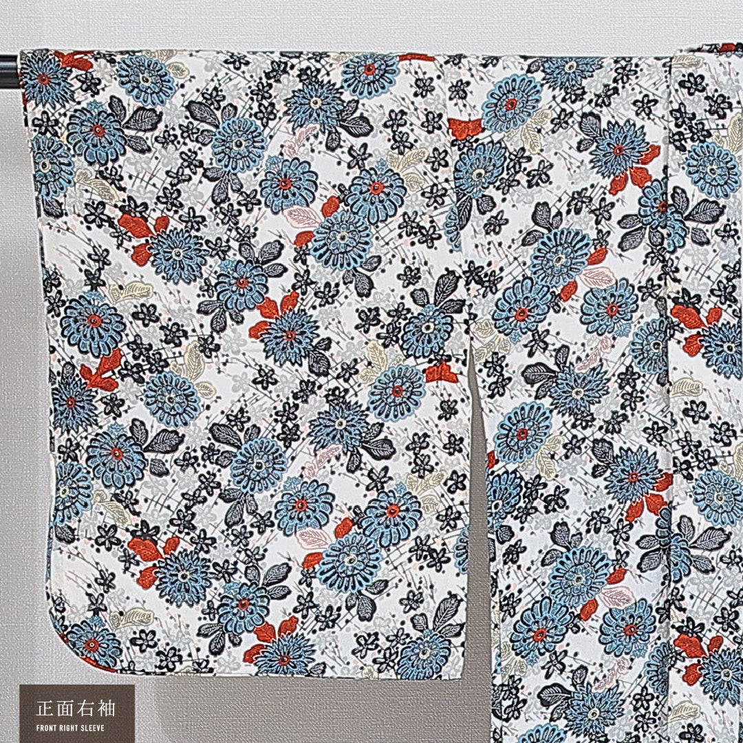 羽織 袷 身丈89cm 裄丈63cm 正絹 Bランク Sサイズ カジュアル 紐あり 菊 白系 多色系 1217-16157
