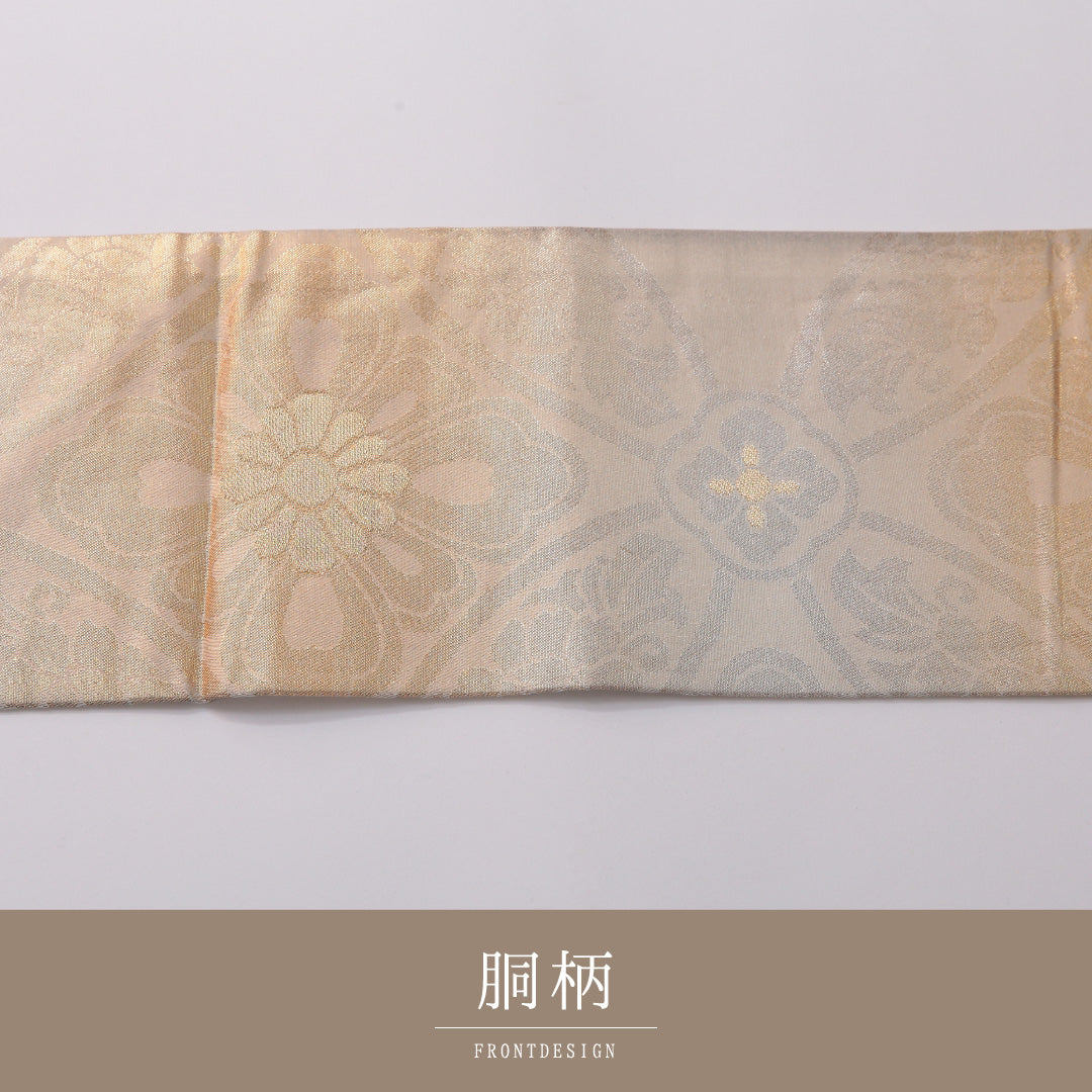 九寸名古屋帯 帯丈340cm セミフォーマル 名古屋仕立て 六通 Aランク 正絹 花菱 金系 1224-03205