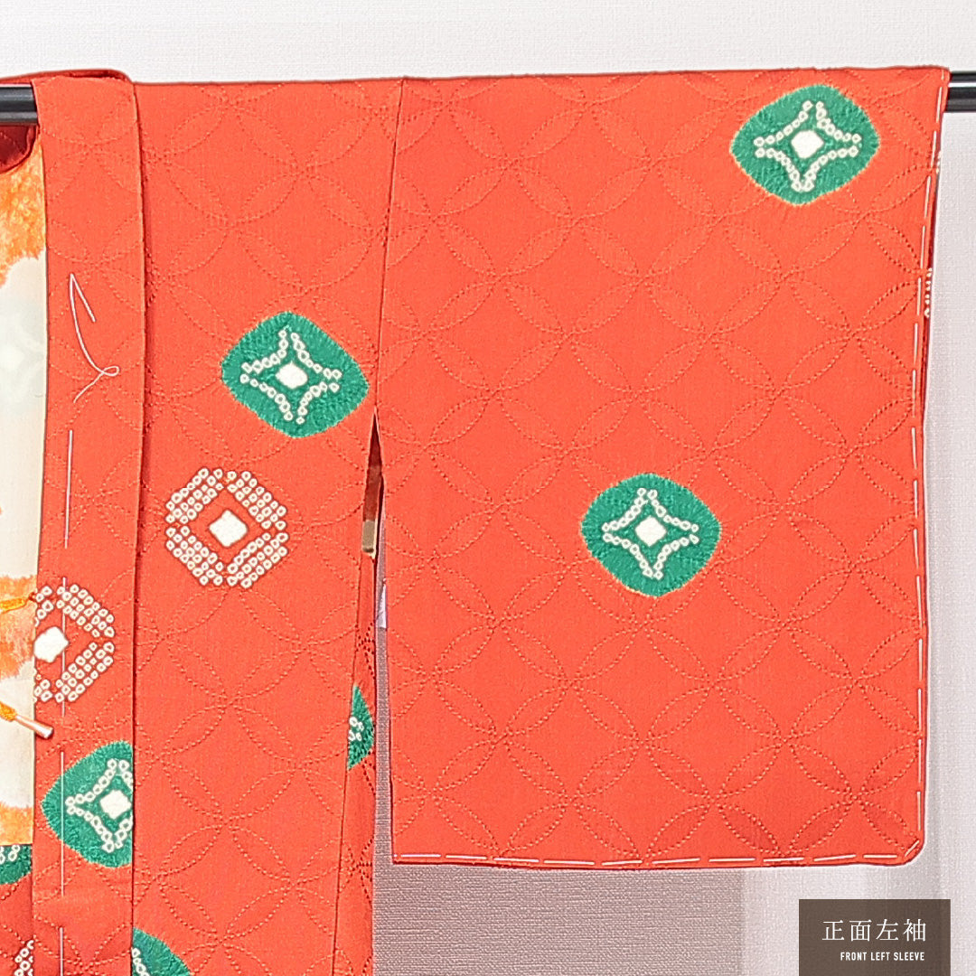 羽織 袷 身丈77cm 裄丈64cm 正絹 Sランク Mサイズ バチ衿 カジュアル 紐あり 鹿の子柄 七宝 朱系 1217-15138