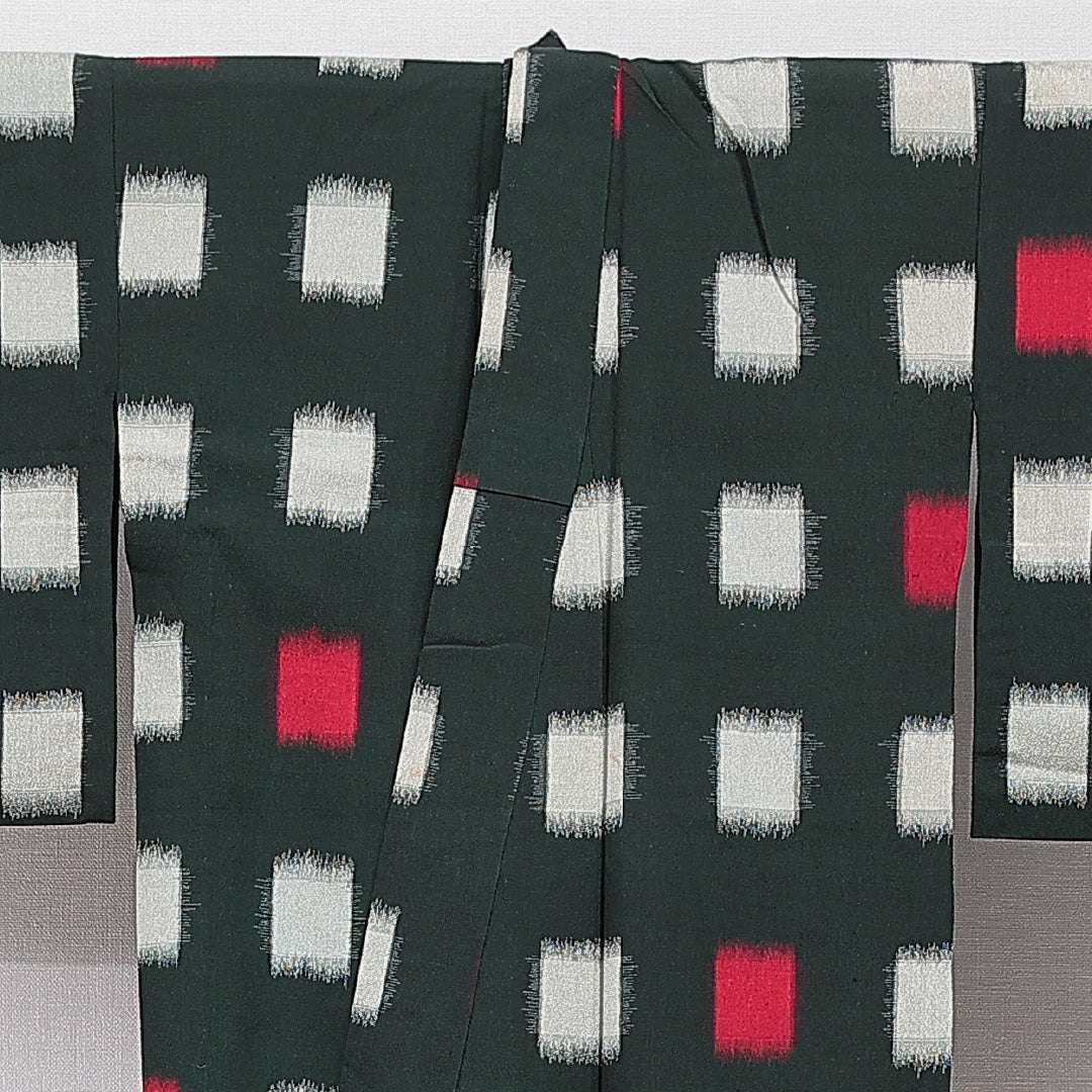 アンティーク お召 単衣 身丈149cm 裄丈61cm 正絹 Cランク XSサイズ バチ衿 肩当て 抽象柄 緑系 1265-15562