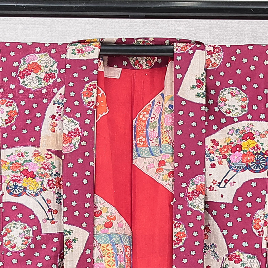 アンティーク 羽織(紬) 袷 身丈93cm 裄丈63cm 正絹 Cランク Sサイズ 後染め 扇 牡丹 紫系 1217-15324