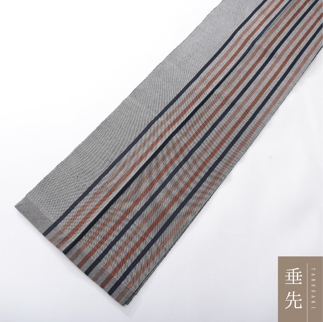 八寸名古屋帯 Aランク 帯丈392cm 正絹 全通 開き仕立て 織り カジュアル 証紙 縞 グレー系 RP 1245-03885