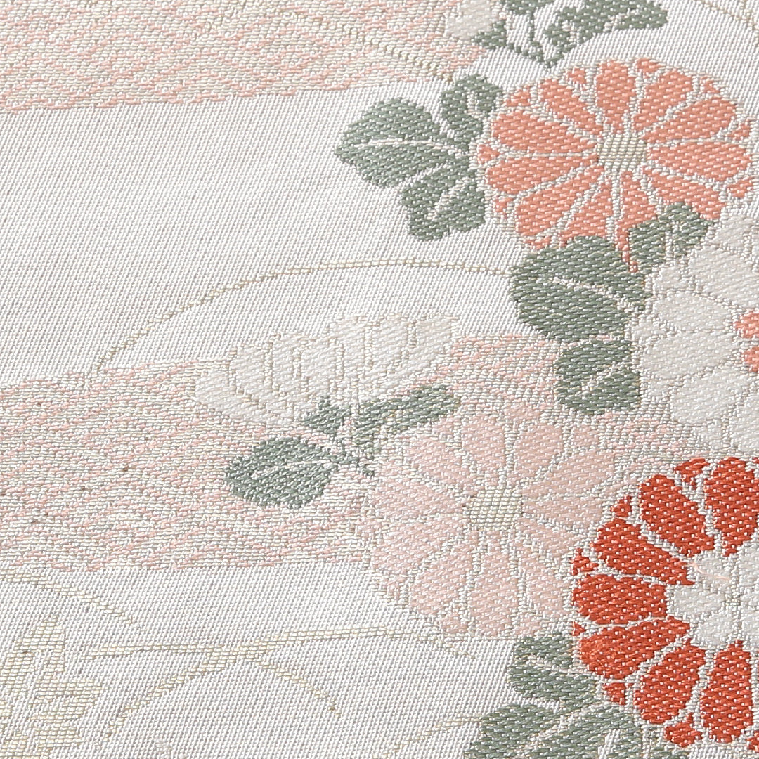 九寸名古屋帯 帯丈350cm セミフォーマル 名古屋仕立て ポイント柄 Cランク 正絹 吉祥文様 菊 ピンク系 1224-03833