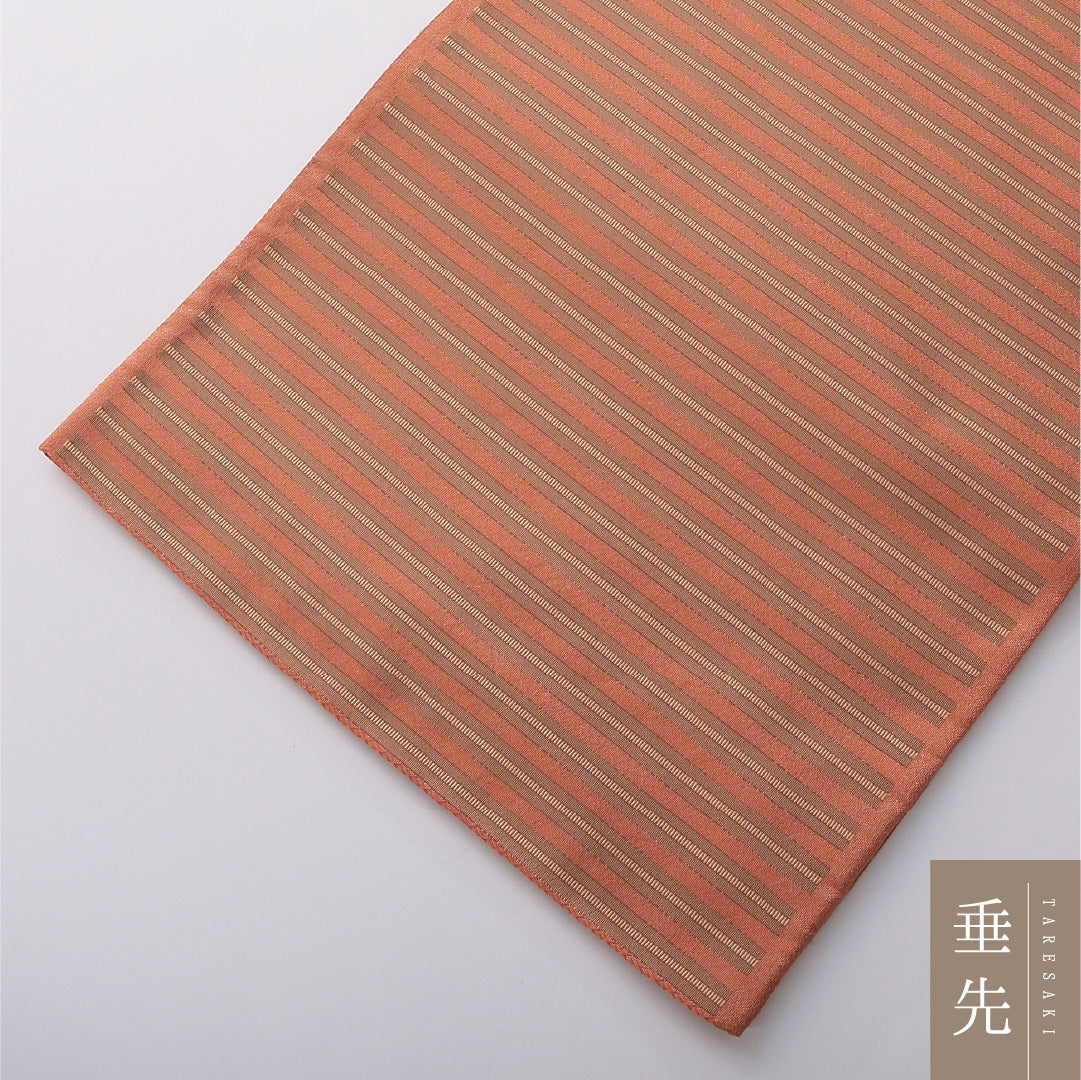 九寸名古屋帯 Sランク 帯丈440cm 正絹 六通 開き仕立て 帯芯なし 織り カジュアル 縞 茶に近い朱系 LP 1245-03601