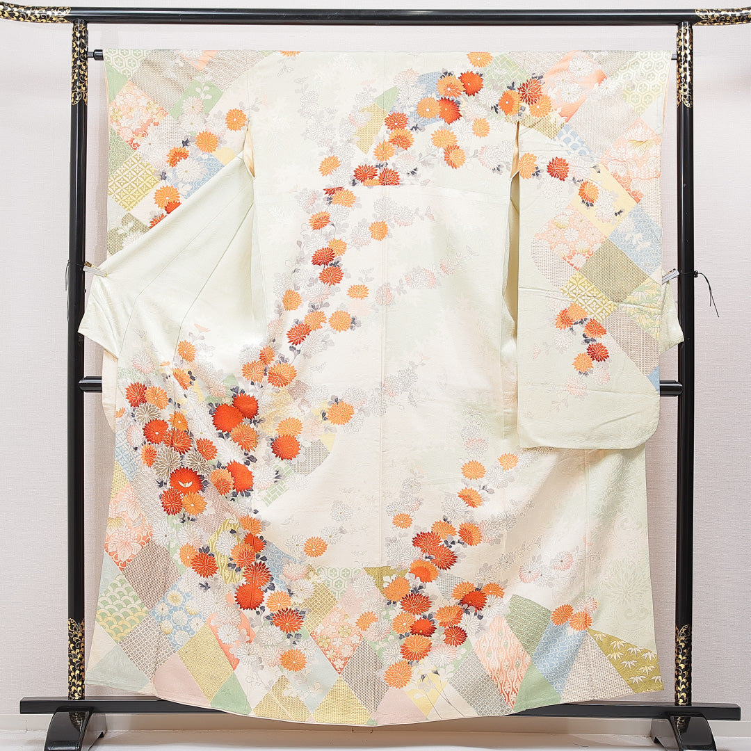 振袖 袷 身丈160cm 裄丈64cm フォーマル Cランク Lサイズ 正絹 広衿 七宝 菊 1213-F0758