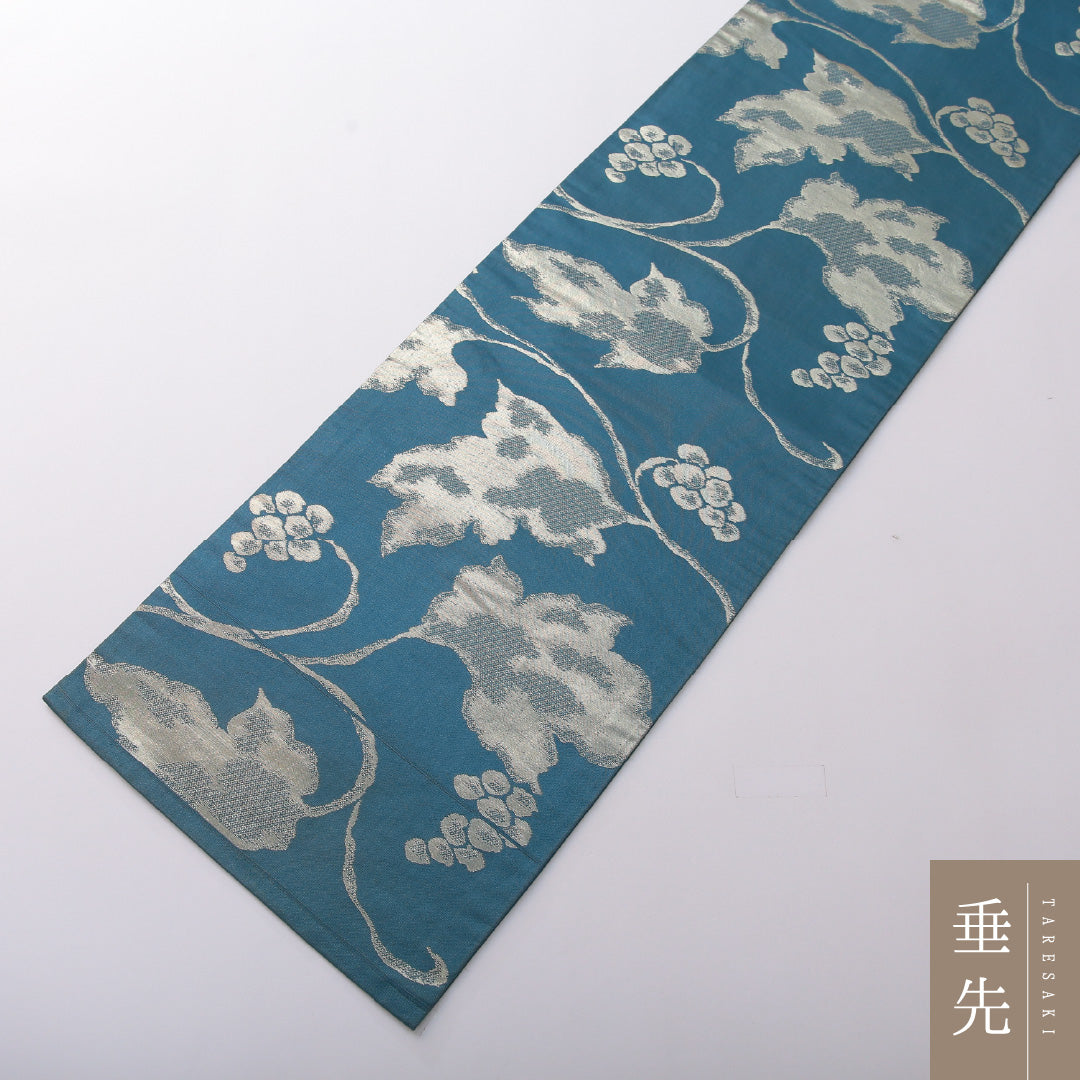 九寸名古屋帯 帯丈339cm カジュアル 名古屋仕立て 六通 Cランク 正絹 創作柄 青系 1224-03612