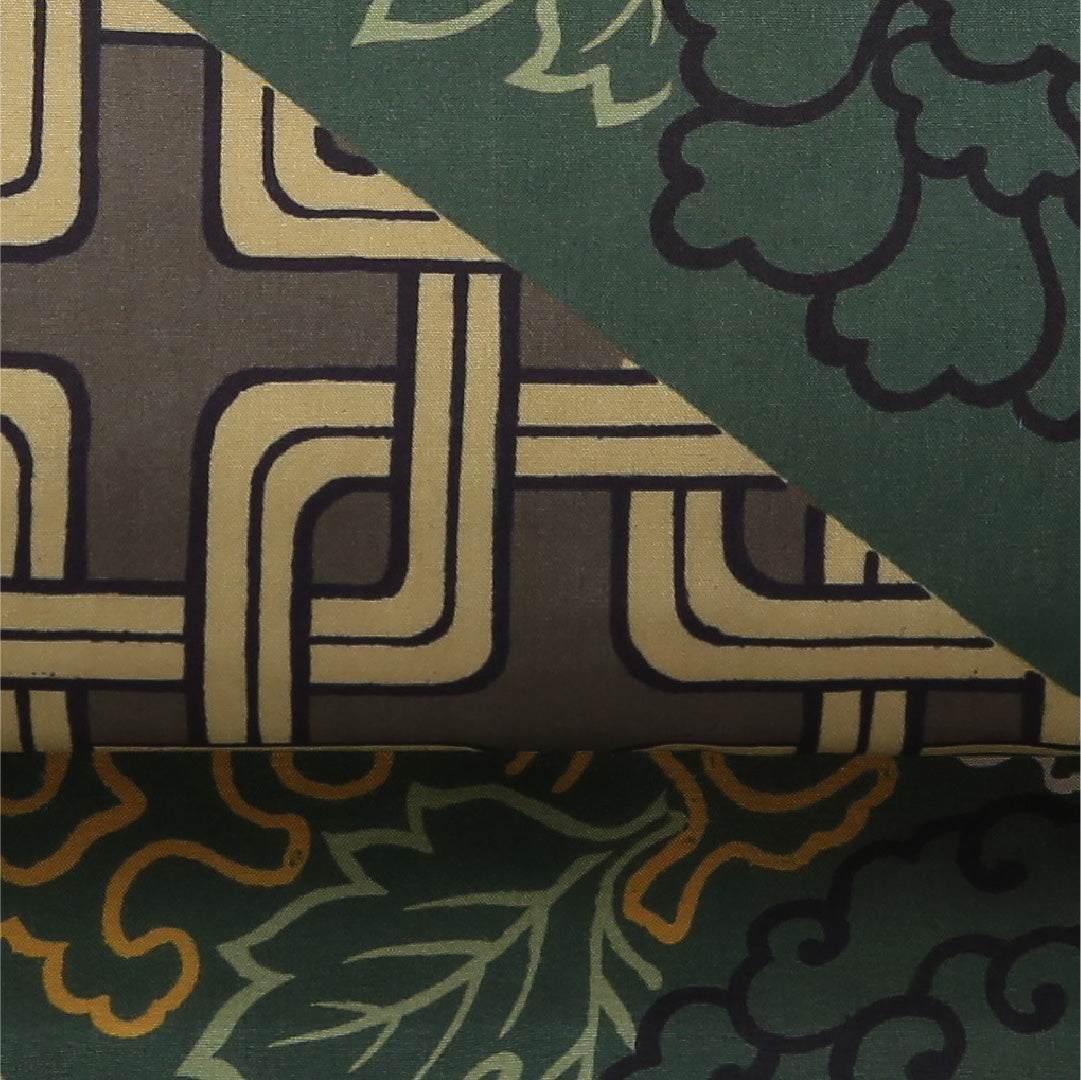 アンティーク 九寸名古屋帯 帯丈356cm セミフォーマル 開き仕立て 全通 Bランク 正絹 染め帯 唐獅子 牡丹 緑系 1224-03686