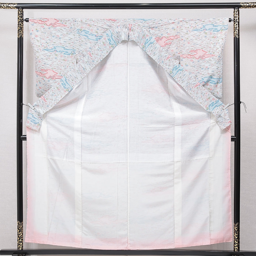 小紋 洗える着物 袷 身丈159cm 裄丈63cm ポリエステル Sランク Mサイズ 広衿 インフォーマル 菊 笠松 水色系 1215-15808