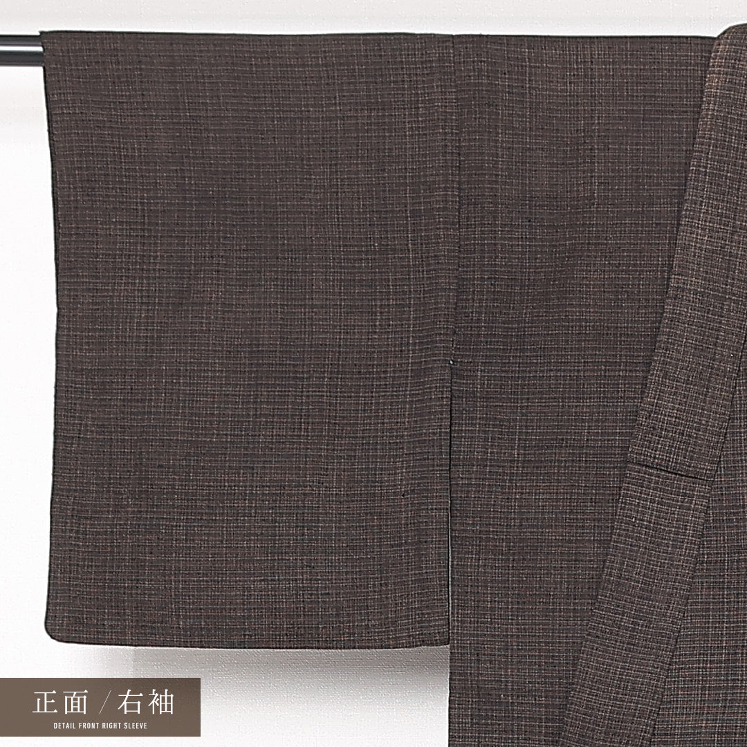 アンティーク 木綿の紬(書生絣) 洗える着物 単衣 身丈150cm 裄丈63cm 木綿 Cランク Sサイズ 棒衿 肩当て 格子 茶系 1216-13078