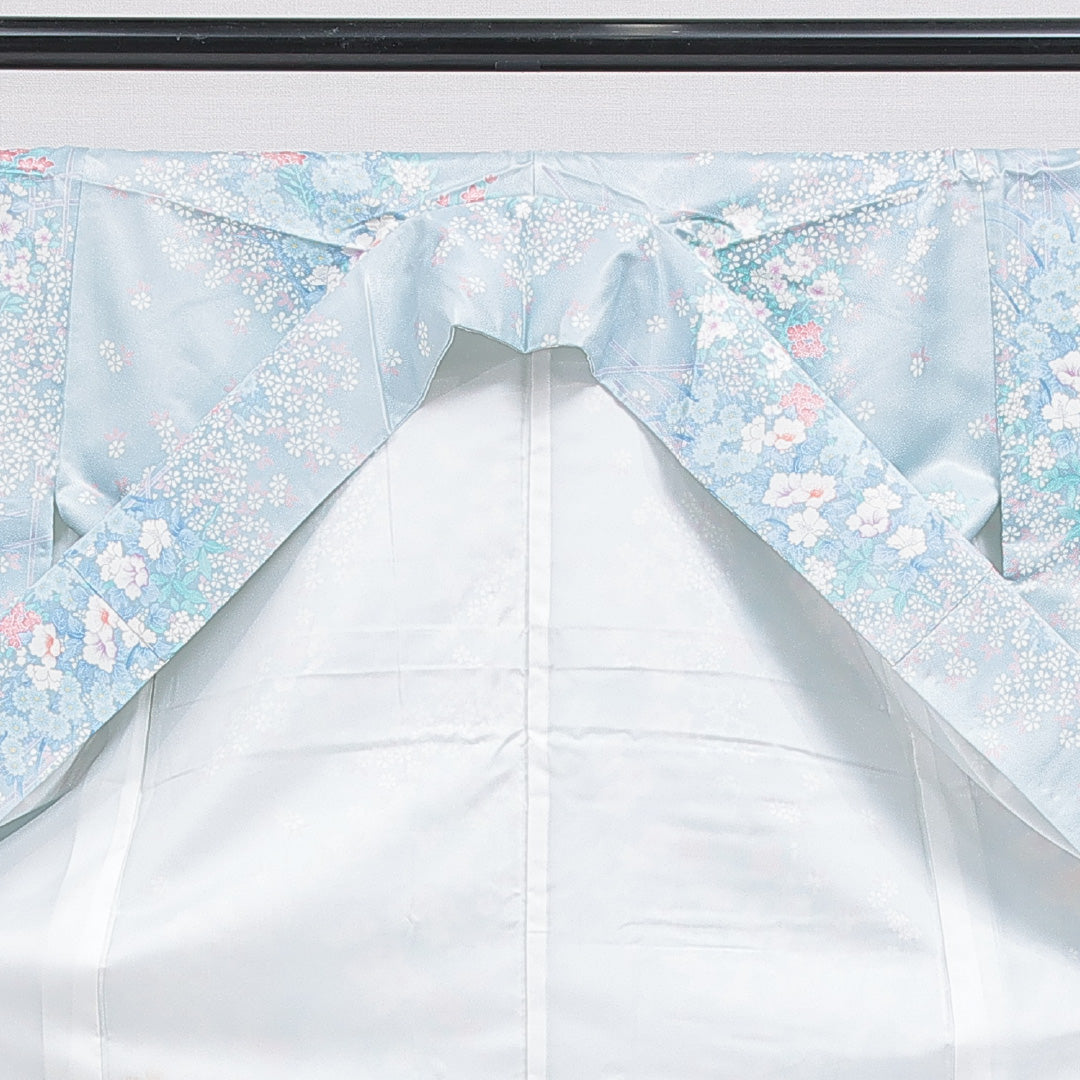 小紋 洗える着物 袷 身丈164cm 裄丈65cm ポリエステル Cランク Lサイズ 広衿 インフォーマル 花柄 水色系 1215-16255