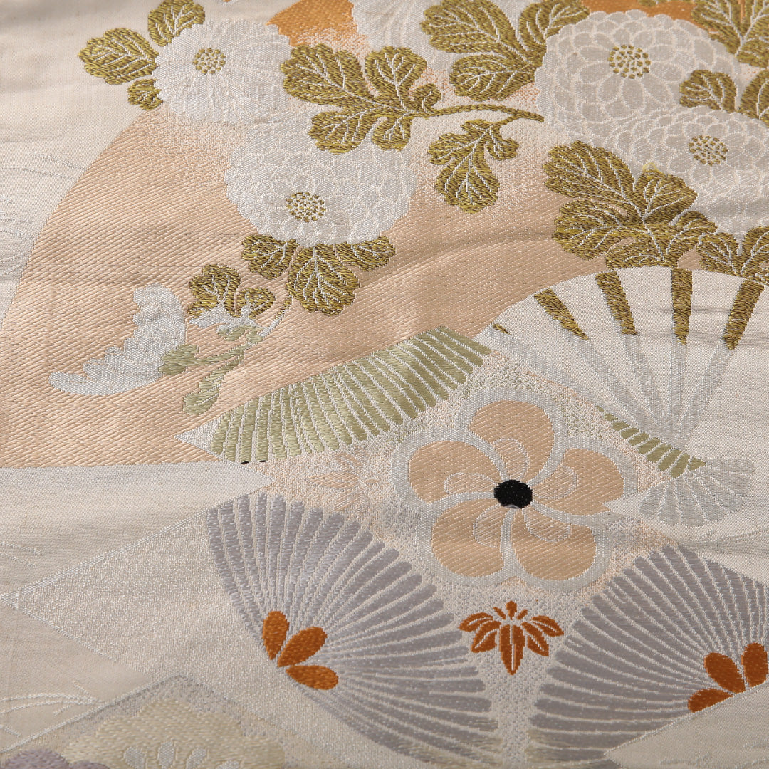 アンティーク 九寸名古屋帯 帯丈370cm 名古屋仕立て 全通 Cランク 正絹 扇 梅 クリーム系 1224-03813