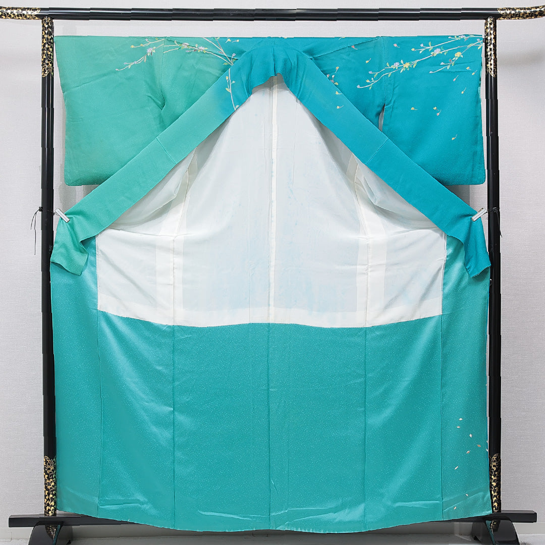 訪問着 洗える着物 袷 身丈163cm 裄丈67cm ポリエステル Cランク Lサイズ 広衿 セミフォーマル 牡丹 青系 緑系 1212-15678