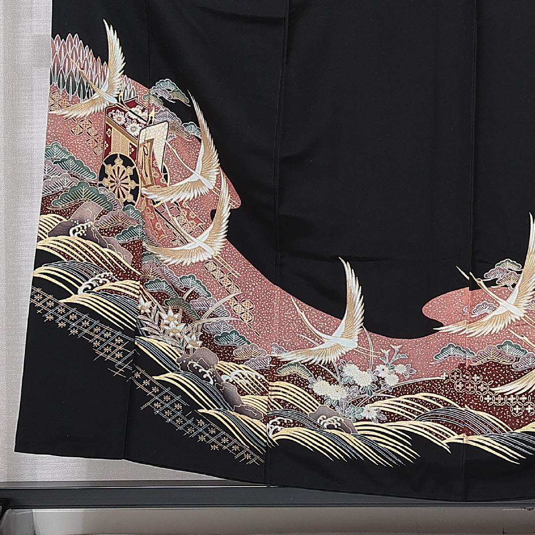 黒留袖 袷 身丈155cm 裄丈65cm 五つ紋 三つ横見菊 フォーマル Aランク Mサイズ 正絹 広衿 鶴 七宝 松 1211-F0676