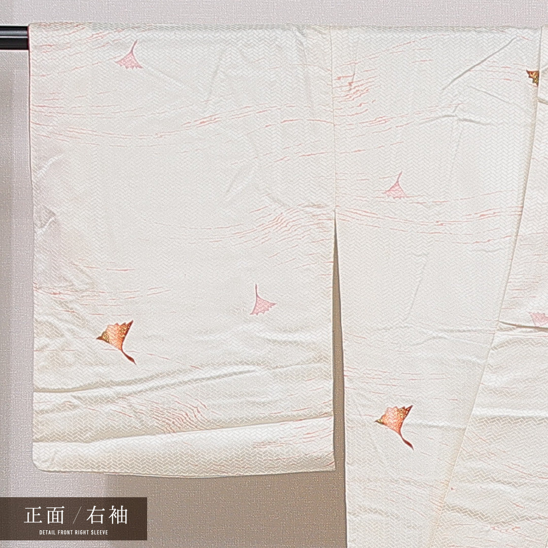 小紋 袷 身丈158cm 裄丈64cm 正絹 Cランク 紋意匠 (網代文様) インフォーマル 広衿 Mサイズ 金彩 銀杏 クリーム系 HP 1221-15751