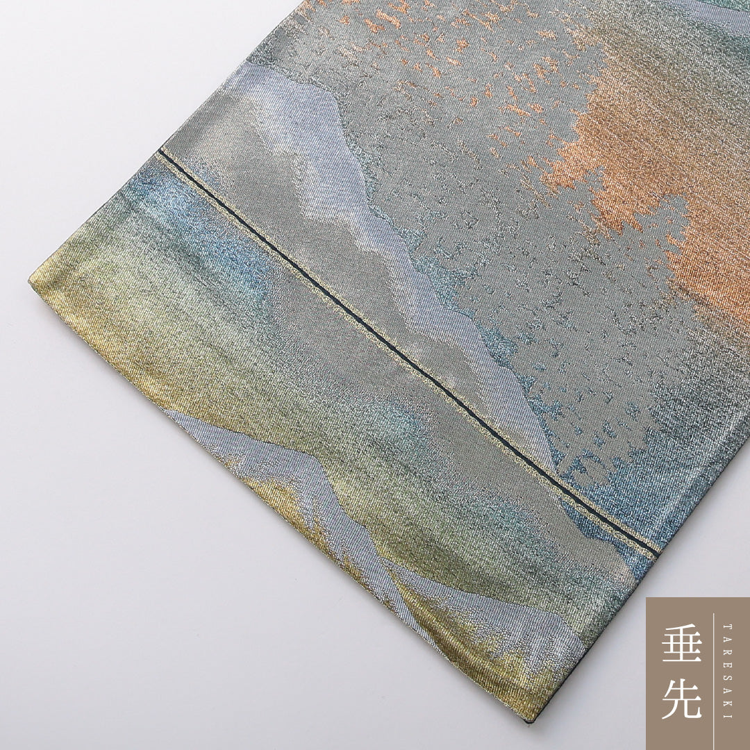 袋帯 帯丈408cm セミフォーマル 六通 帯芯なし Sランク 正絹 引箔 木立 山 紺系 銀系 1223-02074
