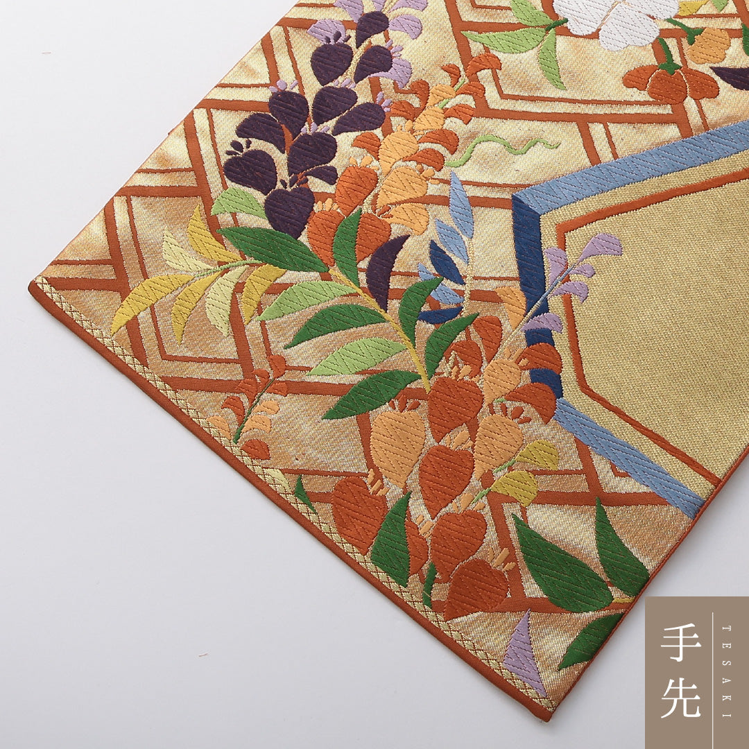 新古品 袋帯 帯丈428cm 珀寿錦 セミフォーマル 六通 Nランク 正絹 植物柄 落款 しつけ糸 青系 1223-02082