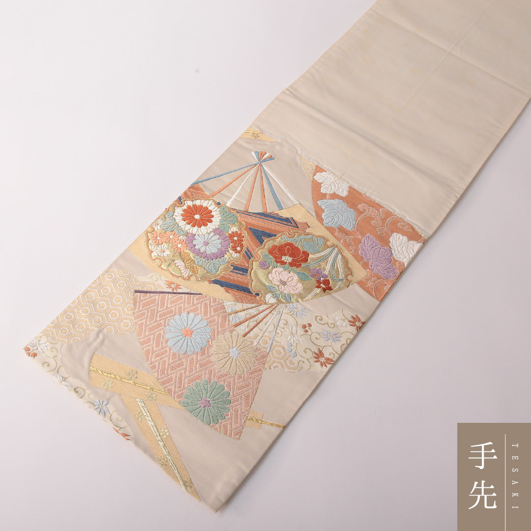 袋帯 帯丈428cm 正絹 六通 フォーマル 扇面文 古典柄 クリーム系 1243-01807