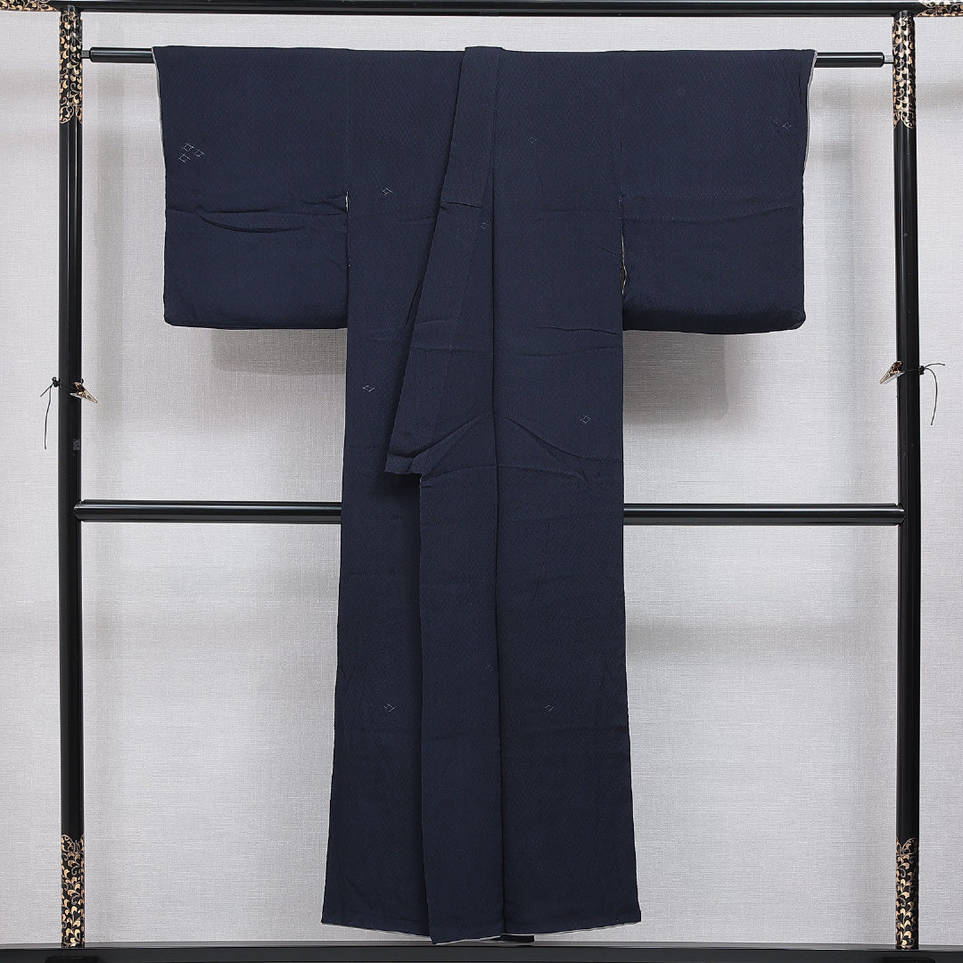 小紋 袷 身丈148cm 裄丈61cm 正絹 Aランク インフォーマル バチ衿 XSサイズ 創作柄 紺系 RP 1221-15926