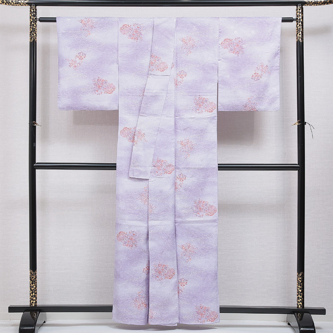 洗える着物 小紋 袷 身丈158cm 裄丈63cm ポリエステル Sランク インフォーマル 広衿 Mサイズ 橘 紫系 RP 1221-16008