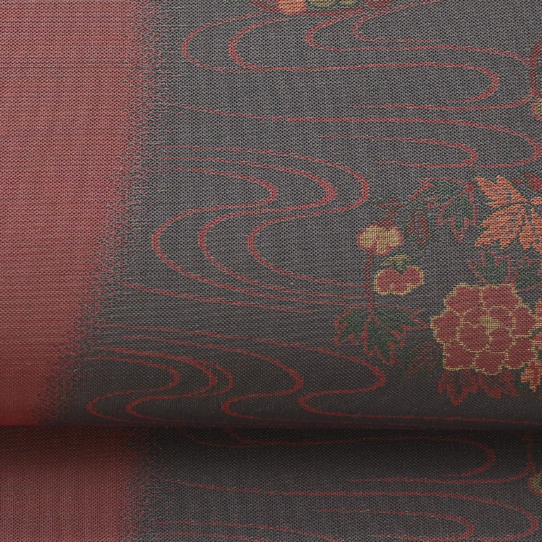 袋帯 帯丈432cm 正絹 六通 帯芯なし セミフォーマル 光琳波 丸文 グレー系 赤系 1243-02223