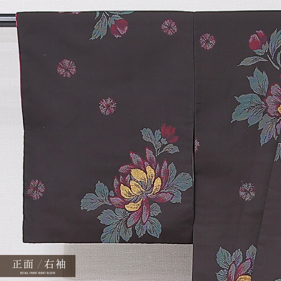 アンティーク お召 袷 身丈151cm 裄丈62cm 正絹 Bランク バチ衿 Sサイズ 花柄 茶系 M4 1222-15145