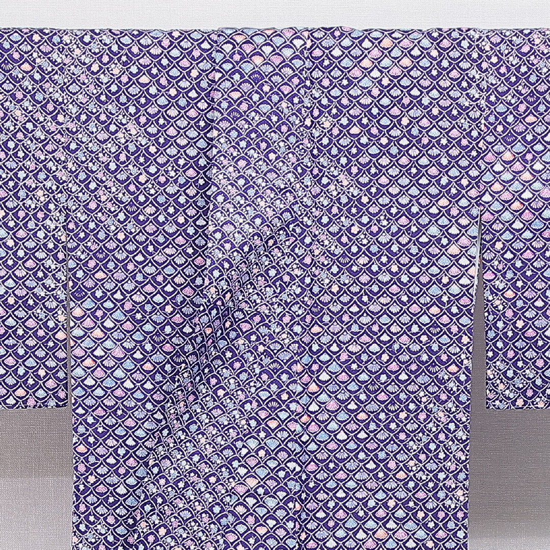 洗える着物 小紋 袷 身丈163cm 裄丈64cm ポリエステル Sランク インフォーマル 広衿 Lサイズ 菊 梅 紫系 RP 1221-16296