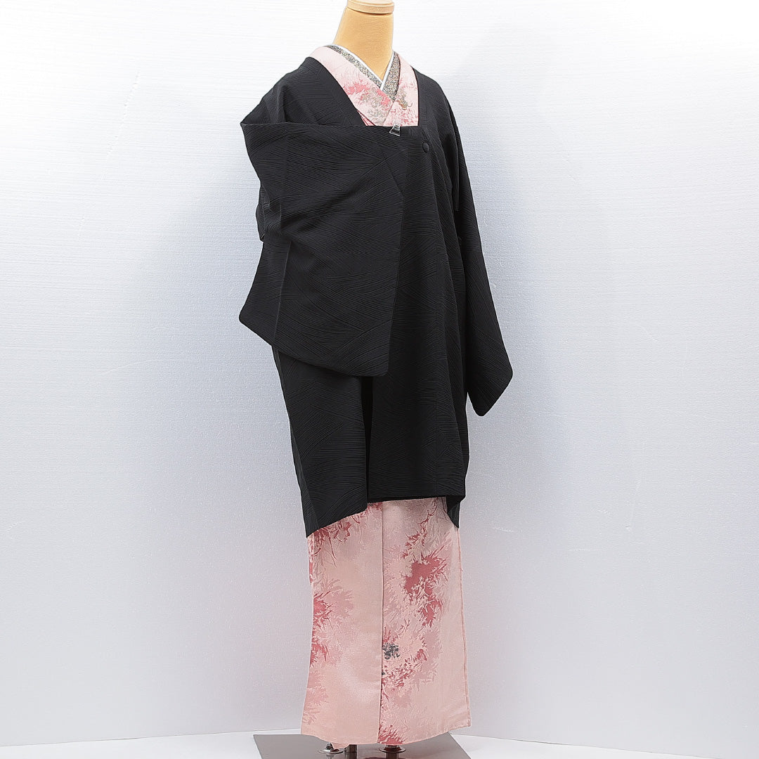 道行コート 袷 身丈95cm 裄丈63cm 正絹 Aランク セミフォーマル Sサイズ ポケットあり 無地 黒系 RP 1237-15456