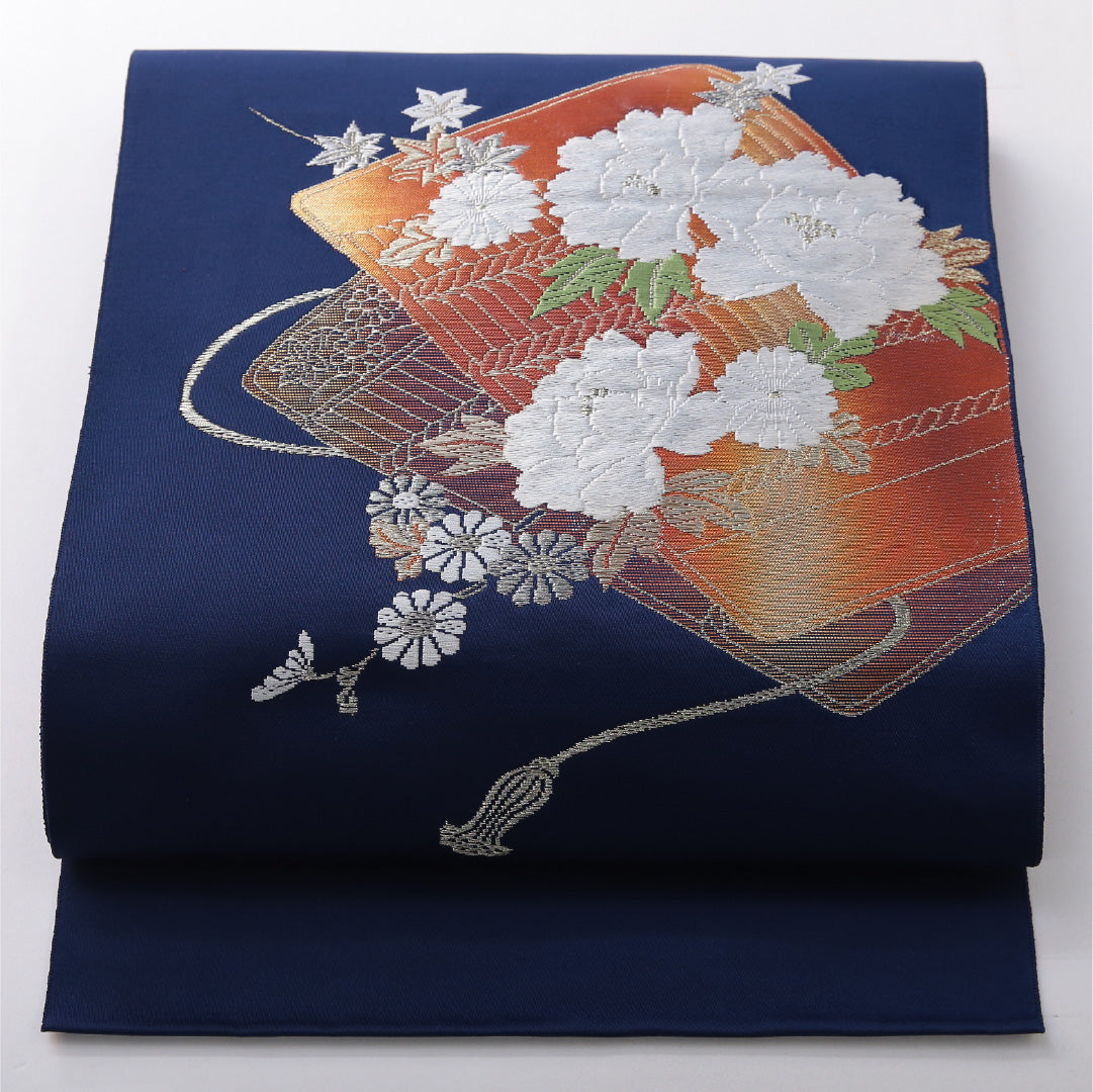 八寸名古屋帯 帯丈366cm セミフォーマル 松葉仕立て ポイント柄 Aランク 正絹 扇 牡丹 青系 1224-03727