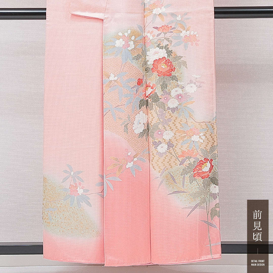 訪問着 袷 身丈153cm 裄丈64cm 正絹 Cランク セミフォーマル 広衿 Sサイズ 金彩 七宝 牡丹 ピンク系 LP 1217-15196