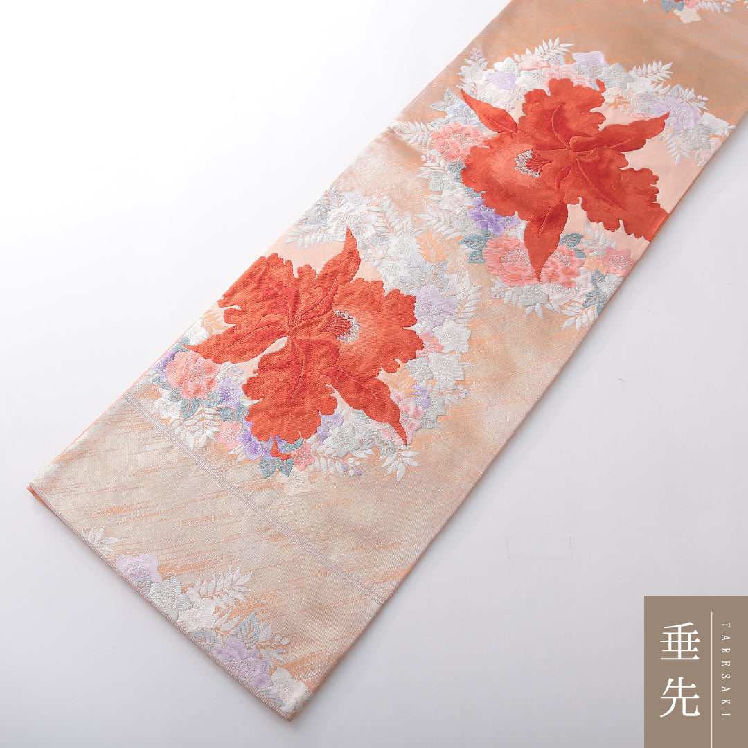 袋帯 帯丈432cm セミフォーマル 六通 Sランク 正絹 唐織 カトレヤ 朱系 1223-02125