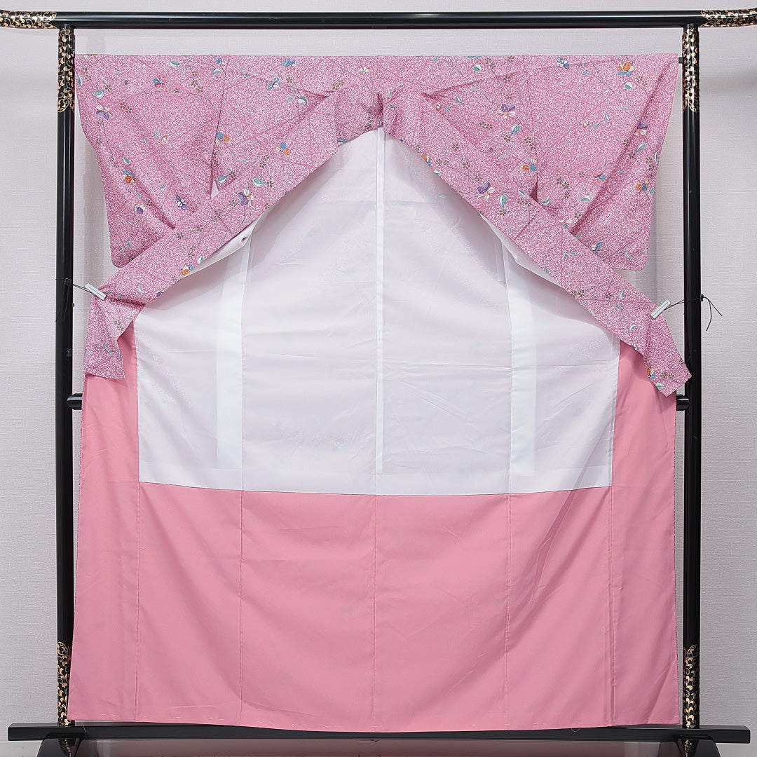 小紋 洗える着物 袷 身丈163cm 裄丈66cm ポリエステル Aランク Lサイズ 広衿 インフォーマル 桜 ピンク系 1215-15795