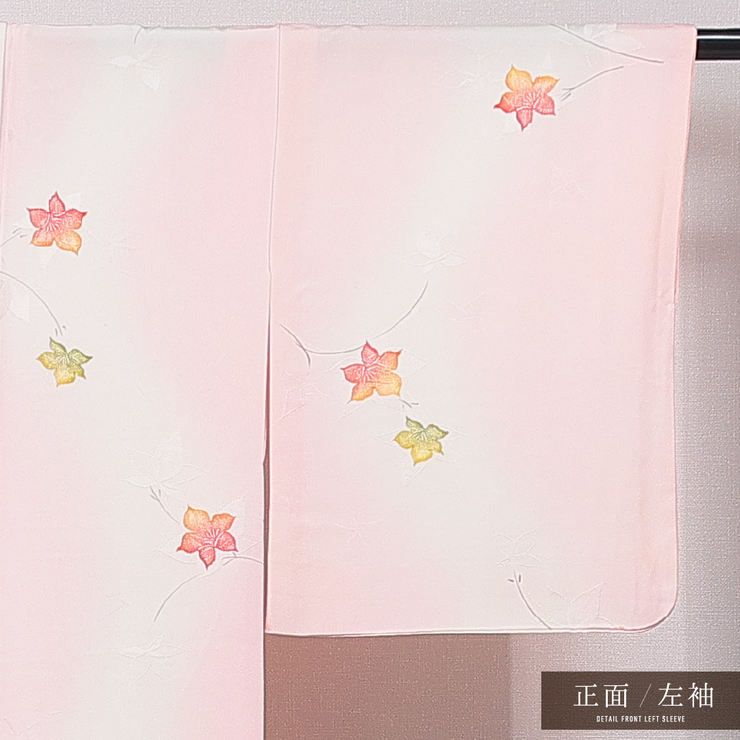 小紋 袷 身丈156cm 裄丈62cm 正絹 Cランク インフォーマル 広衿 Mサイズ 紅葉 ピンク系 HP 1221-15730