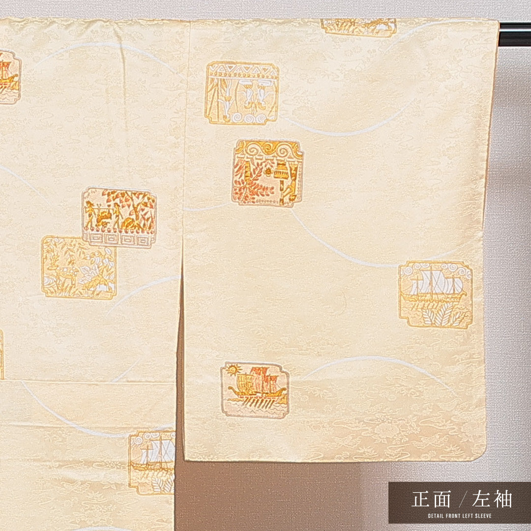 小紋 袷 身丈159cm 裄丈63cm 正絹 Bランク インフォーマル 広衿 Mサイズ 鹿 人物 朱系 RP 1221-16053