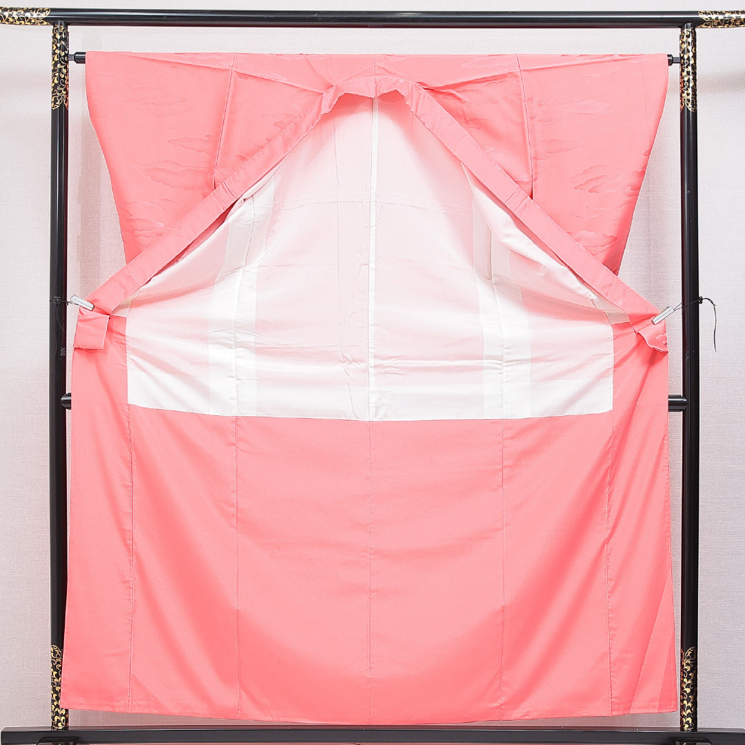 色無地 袷 身丈160cm 裄丈63cm 正絹 Sランク Lサイズ バチ衿 インフォーマル 紋意匠 雲取り ピンク系 1214-16215