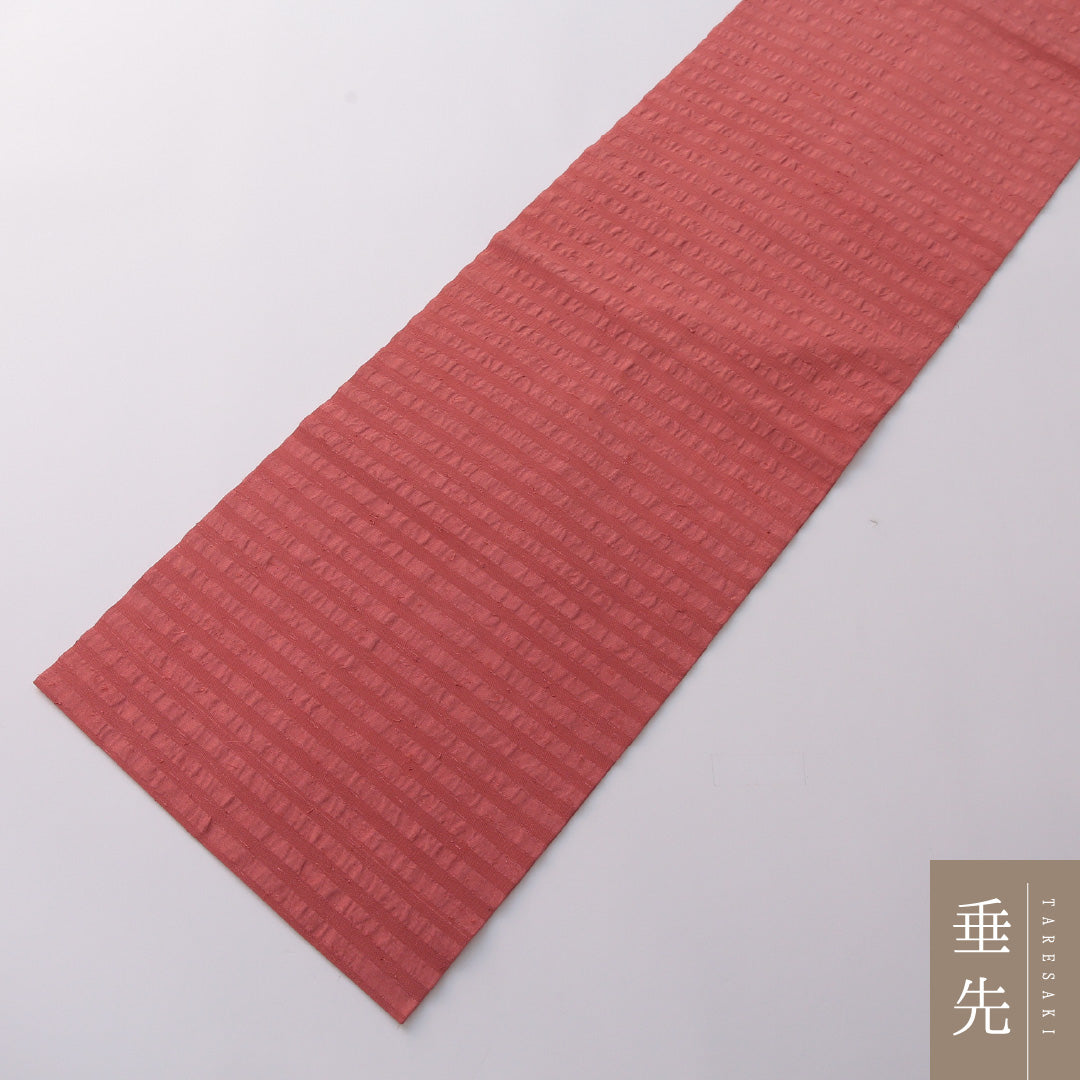 九寸名古屋帯 Aランク 帯丈346cm 正絹 全通 名古屋仕立て 織り カジュアル 紬 ふくれ織 縞 ピンク系 RP 1245-03237